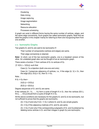 Data Structure & Algorithm using Java
Page 213
Clustering
Data mining
Image capturing
Image segmentation
Networking
Resource allocation
Processes scheduling
A graph can exist in different forms having the same number of vertices, edges, and
the same edge connectivity. Such graphs are called isomorphic graphs. Note that we
label the graphs in this chapter mainly for referring to them and recognizing them from
one another.
8.19 Isomorphic Graphs
Two graphs G1 and G2 are said to be isomorphic if−
Their number of components (vertices and edges) are same.
Their edge connectivity is retained.
Note− In short, out of the two isomorphic graphs, one is a tweaked version of the
other. An unlabeled graph also can be thought of as an isomorphic graph.
There exists a function ‘f’ from vertices of G1 to vertices of G2
[f: V(G1) ⇒ V(G2)], such that
Case (i): f is a bijection (both one-one and onto)
Case (ii): f preserves adjacency of vertices, i.e., if the edge {U, V} ∈ G1, then
the edge {f(U), f(V)} ∈ G2, then G1 ≡ G2.
Note…
If G1 ≡ G2 then−
|V(G1)| = |V(G2)|
|E(G1)| = |E(G2)|
Degree sequences of G1 and G2 are same.
If the vertices {V1, V2, …, Vk} form a cycle of length K in G1, then the vertices {f(V1),
f(V2), …, f(Vk)} should form a cycle of length K in G2.
All the above conditions are necessary for the graphs G1 and G2 to be isomorphic, but
not sufficient to prove that the graphs are isomorphic.
(G1 ≡ G2) if and only if (G1− ≡ G2−) where G1 and G2 are simple graphs.
(G1 ≡ G2) if the adjacency matrices of G1 and G2 are same.
(G1 ≡ G2) if and only if the corresponding subgraphs of G1 and G2(obtained by
deleting some vertices in G1 and their images in graph G2) are isomorphic.
 