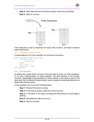 Data Structure & Algorithm using Java
Page 39
Step 4− Adds data element to the stack location, where top is pointing.
Step 5− Returns success.
If the linked list is used to implement the stack, then in step 3, we need to allocate
space dynamically.
2.2.4.1 Algorithm for Push Operation
A simple algorithm for Push operation can be derived as follows−
begin procedure push: stack, data
if stack is full
return null
endif
top ← top + 1
stack[top] ← data
end procedure
2.2.5 Pop Operation
Accessing the content while removing it from the stack is known as a Pop operation.
In an array implementation of pop() operation, the data element is not actually
removed, instead top is decremented to a lower position in the stack to point to the
next value. But in linked-list implementation, pop() actually removes data element and
deallocates memory space.
A Pop operation may involve the following steps−
Step 1− Checks if the stack is empty.
Step 2− If the stack is empty, produces an error and exit.
Step 3− If the stack is not empty, accesses the data element at which top is
pointing.
Step 4− Decreases the value of top by 1.
Step 5− Returns success.
 