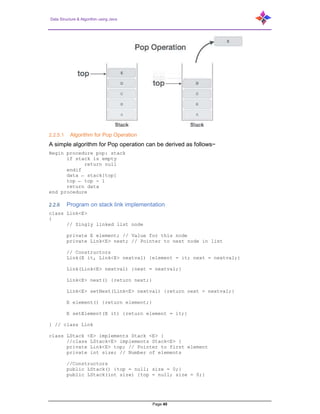 Data Structure & Algorithm using Java
Page 40
2.2.5.1 Algorithm for Pop Operation
A simple algorithm for Pop operation can be derived as follows−
Begin procedure pop: stack
if stack is empty
return null
endif
data ← stack[top]
top ← top - 1
return data
end procedure
2.2.6 Program on stack link implementation
class Link<E>
{
// Singly linked list node
private E element; // Value for this node
private Link<E> next; // Pointer to next node in list
// Constructors
Link(E it, Link<E> nextval) {element = it; next = nextval;}
Link(Link<E> nextval) {next = nextval;}
Link<E> next() {return next;}
Link<E> setNext(Link<E> nextval) {return next = nextval;}
E element() {return element;}
E setElement(E it) {return element = it;}
} // class Link
class LStack <E> implements Stack <E> {
//class LStack<E> implements Stack<E> {
private Link<E> top; // Pointer to first element
private int size; // Number of elements
//Constructors
public LStack() {top = null; size = 0;}
public LStack(int size) {top = null; size = 0;}
 