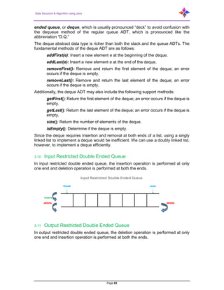 Data Structure & Algorithm using Java
Page 65
ended queue, or deque, which is usually pronounced “deck” to avoid confusion with
the dequeue method of the regular queue ADT, which is pronounced like the
abbreviation “D.Q.”
The deque abstract data type is richer than both the stack and the queue ADTs. The
fundamental methods of the deque ADT are as follows:
addFirst(e): Insert a new element e at the beginning of the deque.
addLast(e): Insert a new element e at the end of the deque.
removeFirst(): Remove and return the first element of the deque; an error
occurs if the deque is empty.
removeLast(): Remove and return the last element of the deque; an error
occurs if the deque is empty.
Additionally, the deque ADT may also include the following support methods:
getFirst(): Return the first element of the deque; an error occurs if the deque is
empty.
getLast(): Return the last element of the deque; an error occurs if the deque is
empty.
size(): Return the number of elements of the deque.
isEmpty(): Determine if the deque is empty.
Since the deque requires insertion and removal at both ends of a list, using a singly
linked list to implement a deque would be inefficient. We can use a doubly linked list,
however, to implement a deque efficiently.
3.10 Input Restricted Double Ended Queue
In input restricted double ended queue, the insertion operation is performed at only
one end and deletion operation is performed at both the ends.
3.11 Output Restricted Double Ended Queue
In output restricted double ended queue, the deletion operation is performed at only
one end and insertion operation is performed at both the ends.
Input Restricted Double Ended Queue
front rear
↓ ↓
insert
delete delete
 