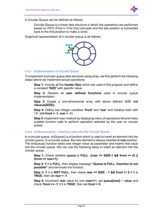 Data Structure & Algorithm using Java
Page 71
A Circular Queue can be defined as follows:
Circular Queue is a linear data structure in which the operations are performed
based on FIFO (First in First Out) principle and the last position is connected
back to the first position to make a circle.
Graphical representation of a circular queue is as follows:
3.12.1 Implementation of Circular Queue
To implement a circular queue data structure using array, we first perform the following
steps before we implement actual operations.
Step 1: Include all the header files which are used in the program and define
a constant 'SIZE' with specific value.
Step 2: Declare all user defined functions used in circular queue
implementation.
Step 3: Create a one-dimensional array with above defined SIZE (int
cQueue[SIZE])
Step 4: Define two integer variables 'front' and 'rear' and initialize both with
'-1'. (int front = -1, rear = -1)
Step 5: Implement main method by displaying menu of operations list and make
suitable function calls to perform operation selected by the user on circular
queue.
3.12.2 enQueue(value) - Inserting value into the Circular Queue
In a circular queue, enQueue() is a function which is used to insert an element into the
circular queue. In a circular queue, the new element is always inserted at rear position.
The enQueue() function takes one integer value as parameter and inserts that value
into the circular queue. We can use the following steps to insert an element into the
circular queue.
Step 1: Check whether queue is FULL. ((rear == SIZE-1 && front == 0) ||
(front == rear+1))
Step 2: If it is FULL, then display message “Queue is FULL. Insertion is not
possible” and terminate the function.
Step 3: If it is NOT FULL, then check rear == SIZE - 1 && front != 0 if it is
TRUE, then set rear = -1.
Step 4: Increment rear value by one (rear++), set queue[rear] = value and
check 'front == -1' if it is TRUE, then set front = 0.
 