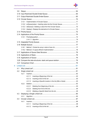 Data Structure & Algorithm using Java
Page 8
3.9 Deque ................................................................................................................. 64
3.10 Input Restricted Double Ended Queue................................................................ 65
3.11 Output Restricted Double Ended Queue ............................................................. 65
3.12 Circular Queue.................................................................................................... 70
3.12.1 Implementation of Circular Queue ........................................................................ 71
3.12.2 enQueue(value) - Inserting value into the Circular Queue.................................... 71
3.12.3 deQueue()– Deleting a value from the Circular Queue......................................... 72
3.12.4 display()– Displays the elements of a Circular Queue .......................................... 72
3.13 Priority Queue..................................................................................................... 72
3.14 Applications of the Priority Queue ....................................................................... 74
3.14.1 PriorityQueueSort.................................................................................................. 74
3.14.1.1 Algorithm................................................................................................ 74
3.15 Adaptable Priority Queues .................................................................................. 77
3.16 Multiple Queues .................................................................................................. 77
3.16.1 Method 1: Divide the array in slots of size n/k....................................................... 77
3.16.2 Method 2: A space efficient implementation ......................................................... 78
3.17 Applications of Queue Data Structure ................................................................. 78
3.18 Applications of Stack........................................................................................... 78
3.19 Applications of Queue......................................................................................... 79
3.20 Compare the data structures: stack and queue solution...................................... 79
3.21 Comparison Chart............................................................................................... 79
4 Linked List .......................................................................................................... 81
4.1 Why Linked List?................................................................................................. 81
4.2 Singly Linked List ................................................................................................ 81
4.2.1 Insertion................................................................................................................. 82
4.2.1.1 Inserting at Beginning of the list............................................................. 82
4.2.1.2 Inserting at End of the list ...................................................................... 83
4.2.1.3 Inserting at Specific location in the list (After a Node) ........................... 83
4.2.2 Deletion ................................................................................................................. 83
4.2.2.1 Deleting from Beginning of the list......................................................... 83
4.2.2.2 Deleting from End of the list................................................................... 84
4.2.2.3 Deleting a Specific Node from the list.................................................... 84
4.3 Displaying a Single Linked List............................................................................ 85
4.3.1 Algorithm ............................................................................................................... 85
4.4 Circular Linked List.............................................................................................. 87
4.4.1 Insertion................................................................................................................. 88
4.4.1.1 Inserting at Beginning of the list............................................................. 88
4.4.1.2 Inserting at End of the list ...................................................................... 88
 