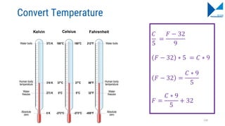 Convert Temperature
𝐶
5
=
𝐹 − 32
9
𝐹 − 32 ∗ 5 = 𝐶 ∗ 9
𝐹 − 32 =
𝐶 ∗ 9
5
𝐹 =
𝐶 ∗ 9
5
+ 32
130
 