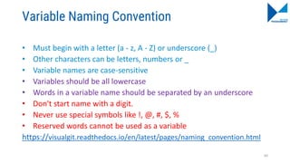 Variable Naming Convention
• Must begin with a letter (a - z, A - Z) or underscore (_)
• Other characters can be letters, numbers or _
• Variable names are case-sensitive
• Variables should be all lowercase
• Words in a variable name should be separated by an underscore
• Don't start name with a digit.
• Never use special symbols like !, @, #, $, %
• Reserved words cannot be used as a variable
https://visualgit.readthedocs.io/en/latest/pages/naming_convention.html
60
 
