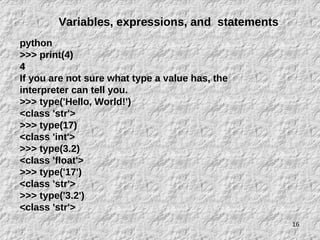 16
Variables, expressions, and statements
python
>>> print(4)
4
If you are not sure what type a value has, the
interpreter can tell you.
>>> type('Hello, World!')
<class 'str'>
>>> type(17)
<class 'int'>
>>> type(3.2)
<class 'float'>
>>> type('17')
<class 'str'>
>>> type('3.2')
<class 'str'>
 
