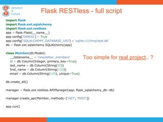 Flask RESTless - full script
import flask
import flask.ext.sqlalchemy
import flask.ext.restless
app = flask.Flask(__name__)
app.config['DEBUG'] = True
app.config['SQLALCHEMY_DATABASE_URI'] = 'sqlite:////tmp/test.db'
db = flask.ext.sqlalchemy.SQLAlchemy(app)

class Member(db/Model):
   __tablename__ = 'newsletter_members'          Too simple for real project.. ?
   id = db.Column(Integer, primary_key=True)
   last_name = db.Column(String(50))
   first_name = db.Column(String(120))
   email = db.Column(String(120), unique=True)

db.create_all()

manager = flask.ext.restless.APIManager(app, flask_sqlalchemy_db=db)

manager.create_api(Member, methods=['GET', 'POST'])

app.run()
 