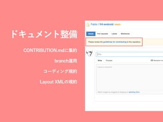 ドキュメント整備
CONTRIBUTION.mdに集約
branch運用
コーディング規約
Layout XMLの規約
 