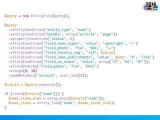 EntityFieldQuery API
Tool for querying Entities
 