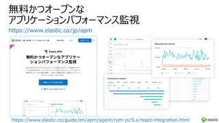 無料かつオープンな
アプリケーションパフォーマンス監視
https://www.elastic.co/jp/apm
https://www.elastic.co/guide/en/apm/agent/rum-js/5.x/react-integration.html
 