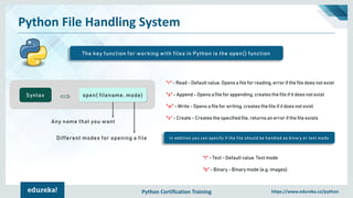Python Certification Training https://www.edureka.co/python
Python File Handling System
The key function for working with files in Python is the open() function
Syntax open( filename, mode)
Any name that you want
Different modes for opening a file
"r" - Read - Default value. Opens a file for reading, error if the file does not exist
"a" - Append - Opens a file for appending, creates the file if it does not exist
"w" - Write - Opens a file for writing, creates the file if it does not exist
"x" - Create - Creates the specified file, returns an error if the file exists
"t" - Text - Default value. Text mode
"b" - Binary - Binary mode (e.g. images)
In addition you can specify if the file should be handled as binary or text mode
 