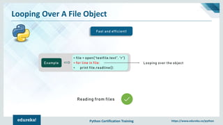 Python Certification Training https://www.edureka.co/python
Looping Over A File Object
Fast and efficient!
Example
> file = open(“testfile.text”, “r”)
> for line in file:
> print file.readline():
Looping over the object
Reading from files
 