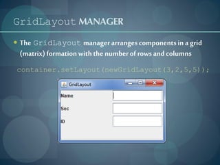 GridLayout MANAGER
 The GridLayout manager arranges components in a grid
 (matrix) formation with the number of rows and columns
 container.setLayout(newGridLayout(3,2,5,5));
 