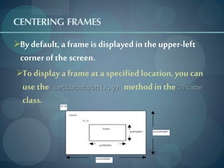 CENTERING FRAMES
By default, a frame is displayed in the upper-left
 corner of the screen.
To display a frame at a specified location, you can
  use the setLocation(x,y) method in the JFrame
  class.     (0, 0)


                      Screen

                               (x, y)


                                             Frame
                                                       getHeight()   screenHeight




                                          getWidth()




                                        screenWidth
 