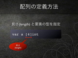 配列の定義方法


長さ(length) と要素の型を指定

var a [4]int

   長さ
 (length)
 