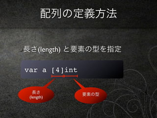 配列の定義方法


長さ(length) と要素の型を指定

var a [4]int

   長さ          要素の型
 (length)
 