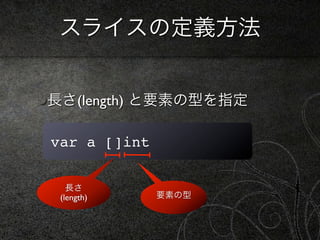 スライスの定義方法


長さ(length) と要素の型を指定

var a []int

   長さ
 (length)     要素の型
 