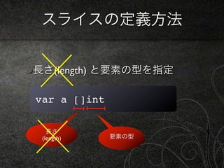 スライスの定義方法


長さ(length) と要素の型を指定

var a []int

   長さ
 (length)     要素の型
 