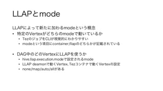 LLAPとmode
LLAPによって新たに加わるmodeという概念
• 特定のVertexがどちらのmodeで動いているか
• TezのジョブをCLIが視覚的にわかりやすい
• modeという項目にcontainer/llapのどちらかが記載されている
• DAG中のどのVertexにLLAPを使うか
• hive.llap.execution.modeで設定されるmode
• LLAP deamonで動くVertex, Tezコンテナで動くVertexの設定
• none/map/auto/allがある
 