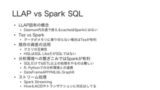 LLAP vs Spark SQL
• LLAP固有の概念
• Daemon内共通で使えるcacheはSparkにはない
• Tez vs Spark
• データがメモリに乗り切らない場合はTezが有利
• 既存の資産の活用
• クエリの互換性
• HQLはSQL LikeだがSQLではない
• 分析環境への繋ぎこみではSparkが有利
• SQLだけではETL以上の処理をやるのは難しい
• R, Pythonでの分析環境との連携
• DataFrameAPIやMLlib, GraphX
• ストリーム処理
• Spark Streaming
• HiveもACIDやトランザクションに対応はしてる
 