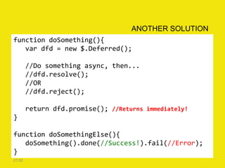 function doSomething(){
var dfd = new $.Deferred();
//Do something async, then...
//dfd.resolve();
//OR
//dfd.reject();
return dfd.promise(); //Returns immediately!
}
function doSomethingElse(){
doSomething().done(//Success!).fail(//Error);
}
21:02
ANOTHER SOLUTION
 