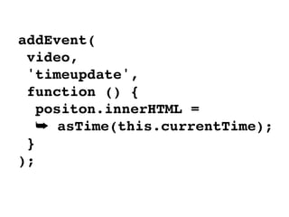 addEvent(
video,
'timeupdate',
function () {
positon.innerHTML =
➥ asTime(this.currentTime);
}
);
 