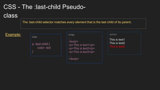 CSS - The :last-child Pseudo-
class
Example:
The :last-child selector matches every element that is the last child of its parent.
CSS:
p :last-child {
color: red;
}
HTML:
…
<body>
<p>This is text1</p>
<p>This is text2</p>
<p>This is text3</p>
…
</body>
OUTPUT:
This is text1
This is text2
This is text3
 
