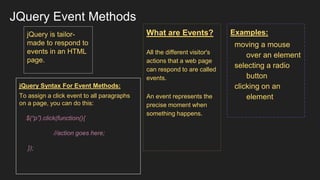 JQuery Event Methods
What are Events?
All the different visitor's
actions that a web page
can respond to are called
events.
An event represents the
precise moment when
something happens.
Examples:
moving a mouse
over an element
selecting a radio
button
clicking on an
element
jQuery is tailor-
made to respond to
events in an HTML
page.
jQuery Syntax For Event Methods:
To assign a click event to all paragraphs
on a page, you can do this:
$(“p”).click(function(){
//action goes here;
});
 