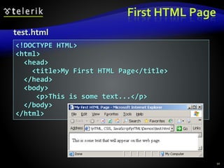 First HTML Page
10
<!DOCTYPE HTML>
<html>
<head>
<title>My First HTML Page</title>
</head>
<body>
<p>This is some text...</p>
</body>
</html>
test.html
 