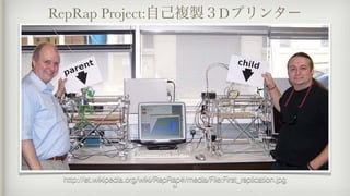 RepRap Project:自己複製３Dプリンター
31
http://et.wikipedia.org/wiki/RepRap#/media/File:First_replication.jpg
 