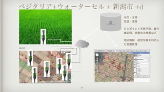 33
M2M	
  
Server	
  
データストレージ
水位・水温
気温・湿度
ピンポイント天候予測、農作
業記録、病害虫注意報など
地図情報・航空写真を利用し
た営農管理
多圃場の管理
ベジタリア+ウォーターセル + 新潟市 +d
 