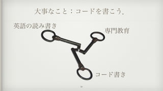 大事なこと：コードを書こう．
34
英語の読み書き
コード書き
専門教育
 