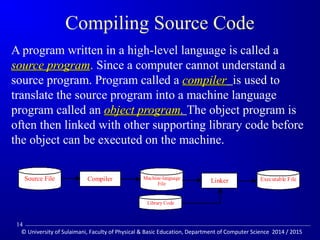 Compiling Source Code 
A program written in a high-level language is called a 
ssoouurrccee pprrooggrraamm. Since a computer cannot understand a 
source program. Program called a ccoommppiilleerr is used to 
translate the source program into a machine language 
program called an oobbjjeecctt pprrooggrraamm.. The object program is 
often then linked with other supporting library code before 
the object can be executed on the machine. 
Source File Compiler Machine-language 
File Linker Executable File 
Library Code 
14 
© University of Sulaimani, Faculty of Physical  Basic Education, Department of Computer Science 2014 / 2015 
 