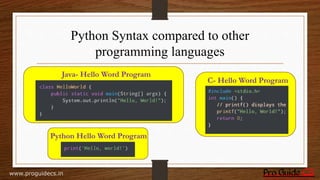 Python Syntax compared to other
programming languages
Java- Hello Word Program
C- Hello Word Program
Python Hello Word Program
www.proguidecs.in
 