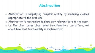 o Abstraction is simplifying complex reality by modeling classes
appropriate to the problem.
o Abstraction is mechanism to show only relevant data to the user.
o i.e: The client cares about what functionality a car offers, not
about how that functionality is implemented.
Abstraction
 