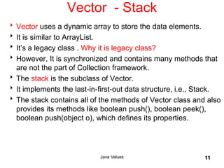 Vector - Stack
Vector uses a dynamic array to store the data elements.
It is similar to ArrayList.
It’s a legacy class . Why it is legacy class?
However, It is synchronized and contains many methods that
are not the part of Collection framework.
The stack is the subclass of Vector.
It implements the last-in-first-out data structure, i.e., Stack.
The stack contains all of the methods of Vector class and also
provides its methods like boolean push(), boolean peek(),
boolean push(object o), which defines its properties.
Java Values 11
 