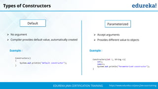 `
https://www.edureka.co/java-j2ee-soa-trainingEDUREKA JAVA CERTIFICATION TRAINING
Types of Constructors
➢ No argument
➢ Compiler provides default value, automatically created
➢ Accept arguments
➢ Provides different value to objects
Default Parameterized
Example : Example :
 
