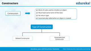 `
https://www.edureka.co/java-j2ee-soa-trainingEDUREKA JAVA CERTIFICATION TRAINING
Constructors
 Block of code used to initialize an object
 Must have same name of the class
 No return type
 Automatically called when an object is created
Constructors
Type of Constructors
Default Constructor
Parameterized
Constructor
 