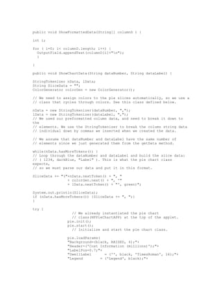 public void ShowFormattedData(String[] columnD ) {

int i;

for ( i=0; i< columnD.length; i++) {
  OutputField.appendText(columnD[i]+"n");
  }

}

public void ShowChartData(String dataNumber, String dataLabel) {

StringTokenizer nData, lData;
String SliceData = "";
ColorGenerator colorGen = new ColorGenerator();

// We need to assign colors to the pie slices automatically, so we use a
// class that cycles through colors. See this class defined below.

nData = new StringTokenizer(dataNumber, ",");
lData = new StringTokenizer(dataLabel, ",");
// We used our preformatted column data, and need to break it down to
the
// elements. We use the StringTokenizer to break the column string data
// individual down by commas we inserted when we created the data.

// We assume that dataNumber and dataLabel have the same number of
// elements since we just generated them from the getData method.

while(nData.hasMoreTokens()) {
// Loop through the dataNumber and dataLabel and build the slice data:
// ( 1234, darkBlue, "Label" ). This is what the pie chart class
expects,
// so we must parse our data and put it in this format.

SliceData += "("+nData.nextToken() + ", "
                + colorGen.next() + ", '"
                + lData.nextToken() + "', green)";

System.out.println(SliceData);
if (nData.hasMoreTokens()) {SliceData += ", ";}
}

try {
                  // We already instantiated the pie chart
                  // class(NFPieChartAPP) at the top of the applet.
                pie.init();
                pie.start();
                  // Initialize and start the pie chart class.

                pie.loadParams(
                "Background=(black, RAISED, 4);"+
                "Header=('Cost Information (millions)');"+
                "LabelPos=0.7;"+
                "DwellLabel       = ('', black, 'TimesRoman', 16);"+
                "Legend         = ('Legend', black);"+
 