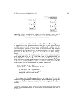 9.4 Implementation: Singly Linked Lists                                                             193


                                                                 4             Yes!
                    3             Life
                                                                               Life
                                   on
                                                                                on
                                  Mars
                                                                               Mars

Figure 9.4 A singly linked list before and after the call to addFirst. Shaded value is
added to the list. The removeFirst method reverses this process and returns value.




instead traverse the list to determine the number of elements by counting them.
If, however, a machine is slow but memory-rich, then the ﬁrst implementation
would be preferred. Both implementations could be made available, with the
user selecting the appropriate design, based on broad guidelines (e.g., memory
versus speed). If this trade-off does not appear dramatic, you might consider
Problem 9.10. We also discuss space–time trade-offs in more detail in Chap-
ter 10.
    Let us now consider the implementation of the methods that manipulate
items at the head of the list (see Figure 9.4). First, to add an element at the
head of the list, we simply need to create a new Node that has the appropriate
value and references the very ﬁrst element of the list (currently, head). The head
of the new list is simply a reference to the new element. Finally, we modify the
count variable to reﬂect an increase in the number of elements.

     public void addFirst(E value)
     // post: value is added to beginning of list
     {
         // note order that things happen:
         // head is parameter, then assigned
         head = new Node<E>(value, head);
         count++;
     }

    Removing a value should simply perform the reverse process. We copy the
reference2 to a temporary variable where it can be held for return, and then we
simply move the head reference down the list. Once completed, the value is
returned.

2 Remember: The assignment operator does not copy the value, just the reference. If you want a
reference to a new element, you should use the new operator and explicitly create a new object to
be referenced.
 