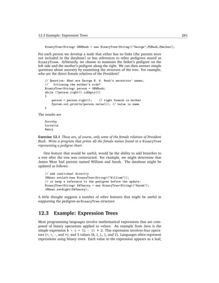 12.3 Example: Expression Trees                                                       281


    BinaryTree<String> GHWBush = new BinaryTree<String>("George",PSBush,DWalker);

For each person we develop a node that either has no links (the parents were
not included in the database) or has references to other pedigrees stored as
BinaryTrees. Arbitrarily, we choose to maintain the father’s pedigree on the
left side and the mother’s pedigree along the right. We can then answer simple
questions about ancestry by examining the structure of the tree. For example,
who are the direct female relatives of the President?
    // Question: What are George H. W. Bush's ancestors' names,
    //   following the mother's side?
    BinaryTree<String> person = GHWBush;
    while (!person.right().isEmpty())
    {
        person = person.right();    // right branch is mother
        System.out.println(person.value()); // value is name
    }

The results are
    Dorothy
    Lucretia
    Nancy

Exercise 12.1 These are, of course, only some of the female relatives of President
Bush. Write a program that prints all the female names found in a BinaryTree
representing a pedigree chart.

    One feature that would be useful, would be the ability to add branches to
a tree after the tree was constructed. For example, we might determine that
James Wear had parents named William and Sarah. The database might be
updated as follows:

    // add individual directly
    JHWear.setLeft(new BinaryTree<String>("William"));
    // or keep a reference to the pedigree before the update:
    BinaryTree<String> SAYancey = new BinaryTree<String>("Sarah");
    JHWear.setRight(SAYancey);

A little thought suggests a number of other features that might be useful in
supporting the pedigree-as-BinaryTree structure.


12.3      Example: Expression Trees
Most programming languages involve mathematical expressions that are com-
posed of binary operations applied to values. An example from Java is the
simple expression R = 1 + (L - 1) * 2. This expression involves four opera-
tors (=, +, -, and *), and 5 values (R, 1, L, 1, and 2). Languages often represent
expressions using binary trees. Each value in the expression appears as a leaf,
 