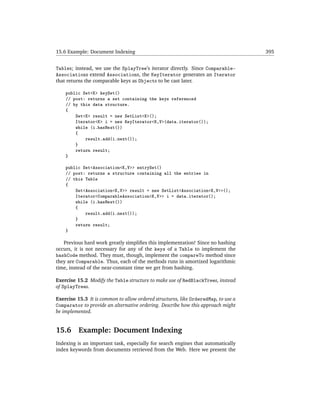 15.6 Example: Document Indexing                                                     395


Tables; instead, we use the SplayTree’s iterator directly. Since Comparable-
Associations extend Associations, the KeyIterator generates an Iterator
that returns the comparable keys as Objects to be cast later.

    public Set<K> keySet()
    // post: returns a set containing the keys referenced
    // by this data structure.
    {
        Set<K> result = new SetList<K>();
        Iterator<K> i = new KeyIterator<K,V>(data.iterator());
        while (i.hasNext())
        {
            result.add(i.next());
        }
        return result;
    }

    public Set<Association<K,V>> entrySet()
    // post: returns a structure containing all the entries in
    // this Table
    {
        Set<Association<K,V>> result = new SetList<Association<K,V>>();
        Iterator<ComparableAssociation<K,V>> i = data.iterator();
        while (i.hasNext())
        {
            result.add(i.next());
        }
        return result;
    }

   Previous hard work greatly simpliﬁes this implementation! Since no hashing
occurs, it is not necessary for any of the keys of a Table to implement the
hashCode method. They must, though, implement the compareTo method since
they are Comparable. Thus, each of the methods runs in amortized logarithmic
time, instead of the near-constant time we get from hashing.

Exercise 15.2 Modify the Table structure to make use of RedBlackTrees, instead
of SplayTrees.

Exercise 15.3 It is common to allow ordered structures, like OrderedMap, to use a
Comparator to provide an alternative ordering. Describe how this approach might
be implemented.


15.6      Example: Document Indexing
Indexing is an important task, especially for search engines that automatically
index keywords from documents retrieved from the Web. Here we present the
 