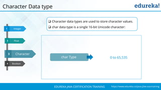 `
https://www.edureka.co/java-j2ee-soa-trainingEDUREKA JAVA CERTIFICATION TRAINING
Boolean
Integer1
Character3
4
Float32
Character Data type
 Character data types are used to store character values.
 char data type is a single 16-bit Unicode character:
char Type 0 to 65,535
 