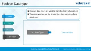 `
https://www.edureka.co/java-j2ee-soa-trainingEDUREKA JAVA CERTIFICATION TRAINING
Character
Integer1
3
Boolean4
Float32
Boolean Data type
boolean Type True or false
 Boolean data types are used to store boolean values along.
 This data type is used for simple flags that track true/false
conditions
 