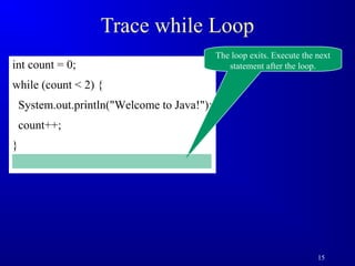 15 
Trace while Loop 
int count = 0; 
while (count  2) { 
System.out.println(Welcome to Java!); 
count++; 
} 
The loop exits. Execute the next 
statement after the loop. 
 