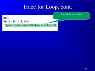 25 
Trace for Loop, cont. 
int i; 
for (i = 0; i  2; i++) { 
System.out.println(Welcome to Java!); 
} 
Print Welcome to Java 
 