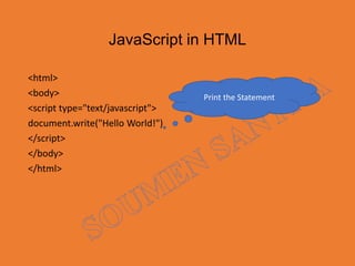 JavaScript in HTML
<html>
<body>
<script type="text/javascript">
document.write("Hello World!")
</script>
</body>
</html>
Print the Statement
 