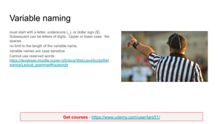 Get courses - https://www.udemy.com/user/lars51/
Variable naming
must start with a letter, underscore (_), or dollar sign ($).
Subsequent can be letters of digits. Upper or lower case. No
spaces
no limit to the length of the variable name.
variable names are case sensitive
Cannot use reserved words.
https://developer.mozilla.org/en-US/docs/Web/JavaScript/Ref
erence/Lexical_grammar#Keywords
 