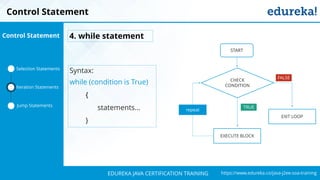 `
https://www.edureka.co/java-j2ee-soa-trainingEDUREKA JAVA CERTIFICATION TRAINING
Control Statement
Selection Statements
Iteration Statements
Jump Statements
Control Statement
Syntax:
while (condition is True)
{
statements…
}
4. while statement
CHECK
CONDITION
EXECUTE BLOCK
START
repeat
EXIT LOOP
FALSE
TRUE
 