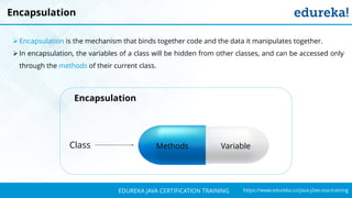 `
https://www.edureka.co/java-j2ee-soa-trainingEDUREKA JAVA CERTIFICATION TRAINING
Encapsulation
Methods Variable
Encapsulation
Class
➢ Encapsulation is the mechanism that binds together code and the data it manipulates together.
➢ In encapsulation, the variables of a class will be hidden from other classes, and can be accessed only
through the methods of their current class.
 