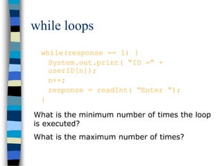 while loops
while(response == 1) {
System.out.print( “ID =” +
userID[n]);
n++;
response = readInt( “Enter “);
}
What is the minimum number of times the loop
is executed?
What is the maximum number of times?
 